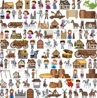 Medieval characters buildings set vector