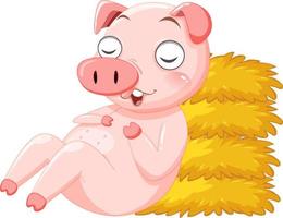 Little pig sleeping by haystack vector