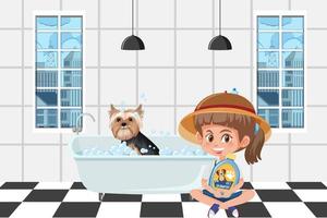 niña feliz con su perro en la bañera