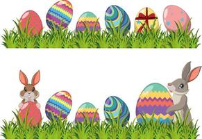 Easter bunny and decorated eggs on green grass vector