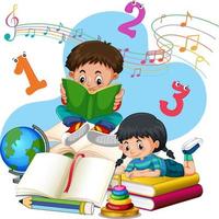 Boy and girl are reading books on a stack of books vector