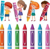 Set of different kids holding colour crayon sticks vector