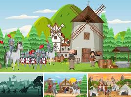 Set of different scene medieval with silhouette vector