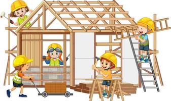 House construction site with cartoon workers vector