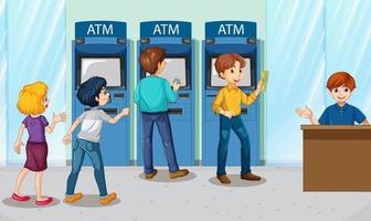 escena del banco atm con personaje de dibujos animados de personas vector