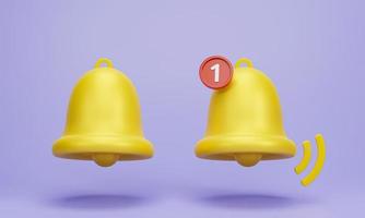 3D rendering, 3D illustration. Two yellow notification bell is ringing with one new notification on purple background. photo