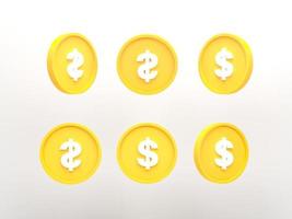 representación 3d, ilustración 3d. conjunto de monedas de dólar en diferentes formas aisladas sobre fondo blanco. foto