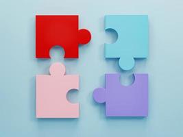 3d rendering, 3d illustration. Jigsaw puzzle pieces on light blue background. Puzzle pieces icon. Problem-solving concept. photo
