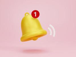 3D rendering, 3D illustration. Yellow notification bell is ringing with one new notification on pink background. Minimal social media element. photo