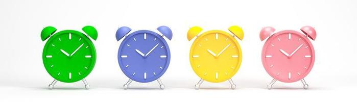 3D render, 3D illustration. Set of vintage circle clock icon. Simple twin bell alarm clock on white background photo