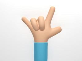 3D rendering, 3D illustration. Cartoon character hand isolated on white background. Simple hand love you gesture sign photo