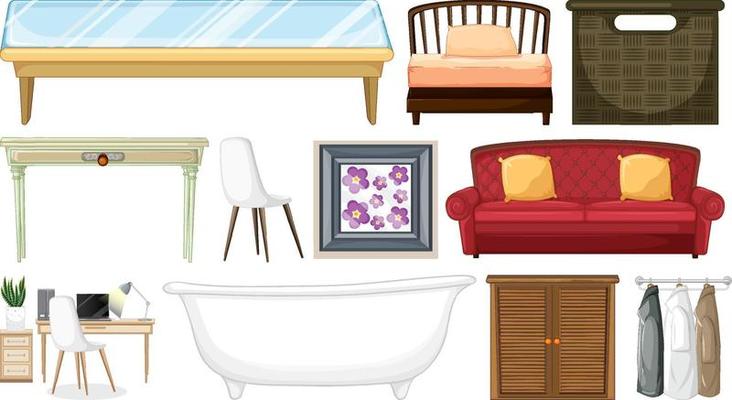 Furniture and household appliances on white background