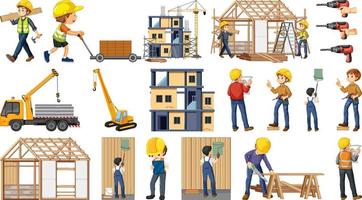 Set of construction site objects and workers vector