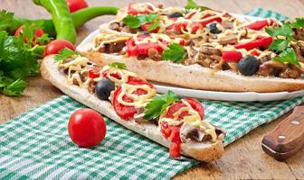 Baguette stuffed with veal and mushrooms with tomatoes and cheese photo