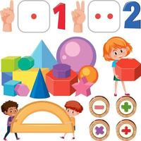 Math classroom objects with supplies and students vector