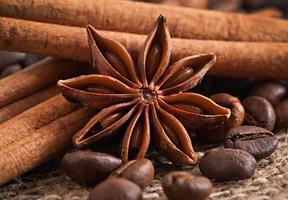 anís, canela y granos de café sobre fondo de madera antiguo foto