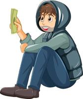 Homeless man holding cash cartoon character vector