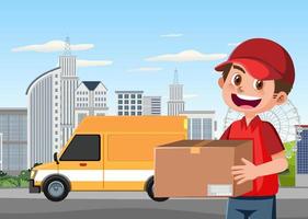 Delivery man with package in the town vector