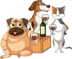 un grupo de gatos y perros bebiendo vino vector