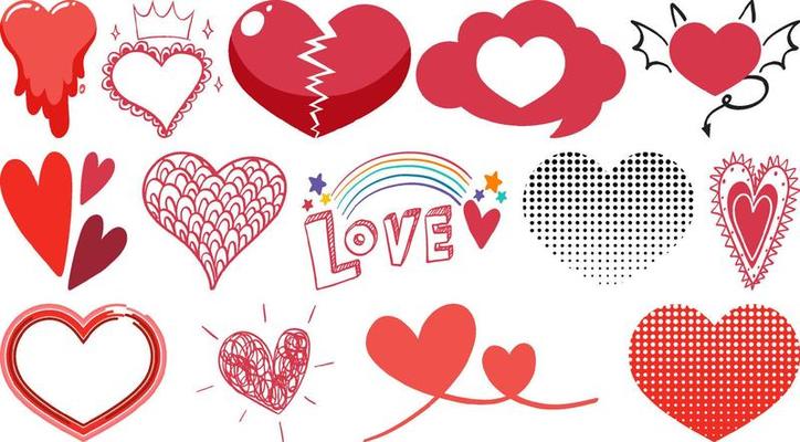Different style of hearts isolated on white background
