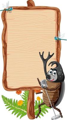 Blank wooden signboard with beetle cartoon