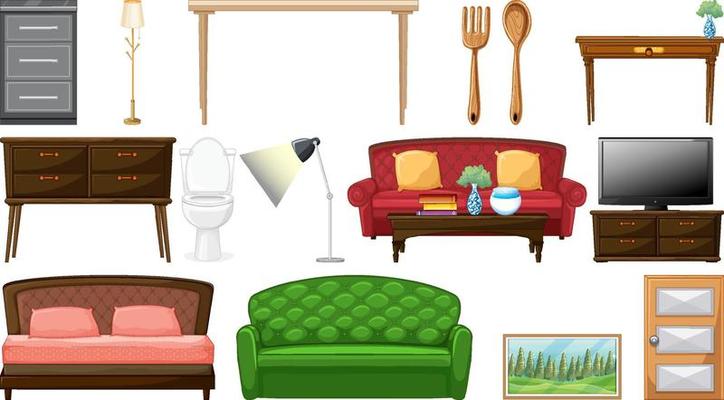 Furniture and household appliances on white background