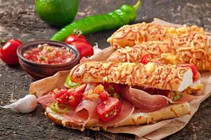 Salsa dip in bowl of bread and cheese sticks on wooden background photo