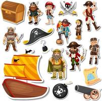 Stickers pack of pirate cartoon characters and objects vector