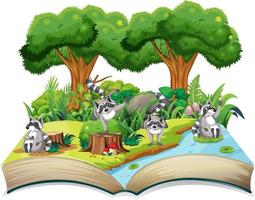 Storybook with raccoons in forest vector