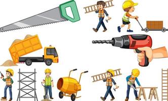 Set of construction site objects and workers vector