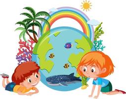 Two kids with earth globe and rainbow in cartoon style vector