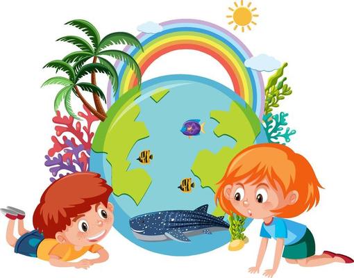 Two kids with earth globe and rainbow in cartoon style