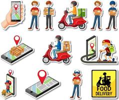 Sticker set of delivery objects and cartoon characters vector