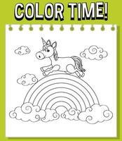 Worksheets template with color time text and rainbow with Unicorn outline vector