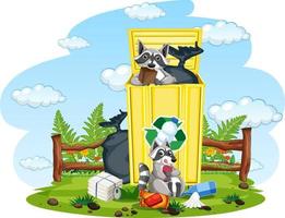 Scene with raccoons searching trash vector