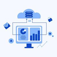 Cloud computing business flat illustration. technology networking, data storage, server database synchronize. vector