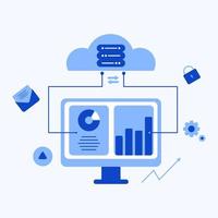 ilustración plana de negocios de computación en la nube. tecnología de redes, almacenamiento de datos, sincronización de la base de datos del servidor. vector