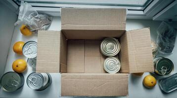 Cardboard box with products to help children canned food, cereals, oranges, tangerines, top view photo