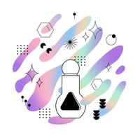 Cosmetic spray bottle for perfume. Beauty product on the background of holographic splashes with geometric shapes. Vector flat illustration.