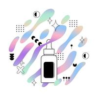 Cosmetic bottle for serum, essence, essential oil and skincare products. Dropper bottle on the background of holographic splashes with geometric shapes. Vector flat illustration.