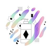 Vector packaging with lotion or shampoo dispenser on the background of holographic splashes with geometric shapes. Bottle of skin care product. Flat drawing