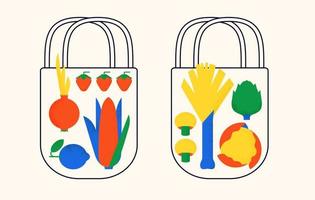 conjunto de paquetes de alimentos con productos orgánicos. verduras y frutas o una dieta saludable. ilustración vectorial geométrica del concepto de compras vector