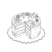 Cake decorated with berries. Sketch, outline on white background. Dessert for the design of pastry shop.