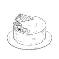 Cake decorated with berries. Sketch, outline on white background. Dessert for the design of pastry shop. vector