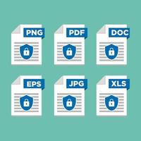 Security File type icons. Format and extension of documents. Set of pdf, doc, excel, png, jpg, psd, gif, csv, xls, ppt, html, txt and others. Icons for download on computer. Graphic templates for ui