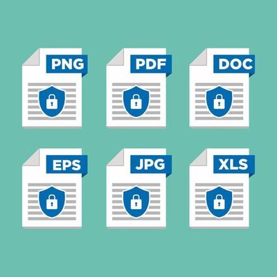 Security File type icons. Format and extension of documents. Set of pdf, doc, excel, png, jpg, psd, gif, csv, xls, ppt, html, txt and others. Icons for download on computer. Graphic templates for ui