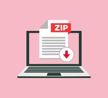 Download ZIP icon file with label on laptop screen. Downloading document concept vector