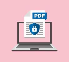 archivo de icono pdf de seguridad con etiqueta en concepto de documento de pantalla de computadora portátil vector