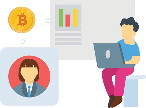 The boy is working on bitcoin and user graph. vector