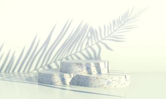 Podium with palm leaves on pastel background. Concept scene stage showcase for product, promotion, sale, banner, presentation, cosmetic. Minimal showcase empty mock up. 3d photo